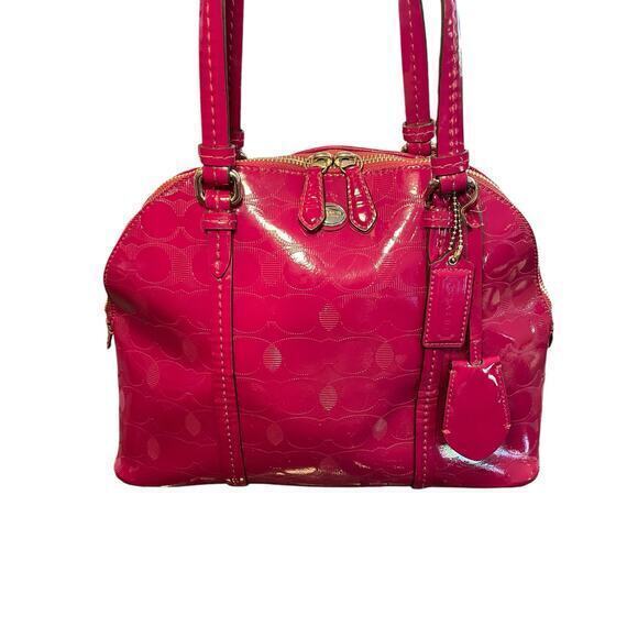 Coach Peyton‎ Link C Embossed Patent Leather Domed 32583 Raspberry Handbag - Picture 2 of 16